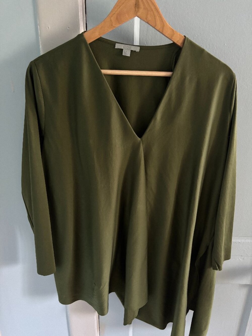 COS Dark Olive Green Asymmetrical Draped tunic style Shirt – Size M